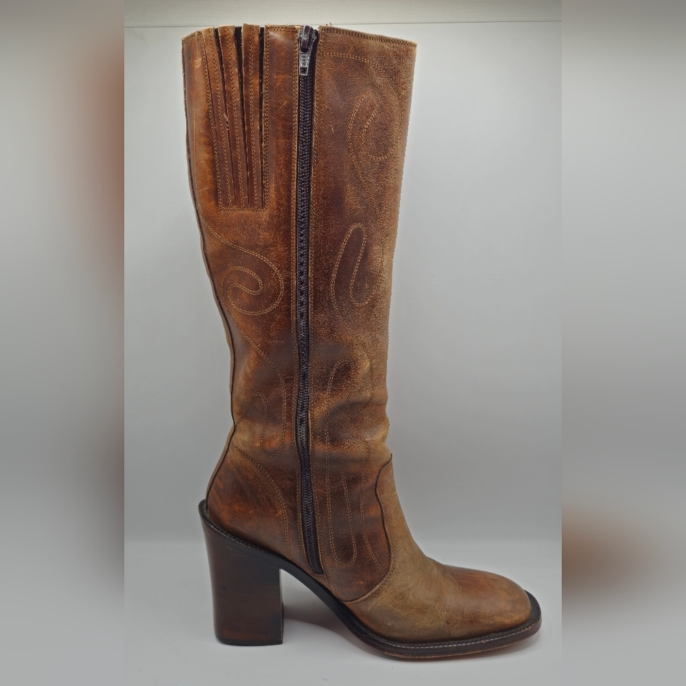 FRYE Vintage Retro Swirl Stitching Tall Chunky High Heel Brown Leather Boots - Picture 5 of 9